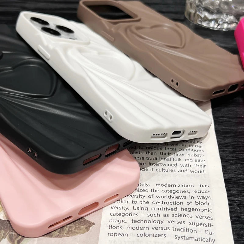 Fashion Fold Wrinkle 3D Love Heart Phone Case For iPhone 13 14 15 Pro Max 16 Plus 11 12 17 ProMax Soft Matte Silicone Full Cover 2026 Modern and Exclusive