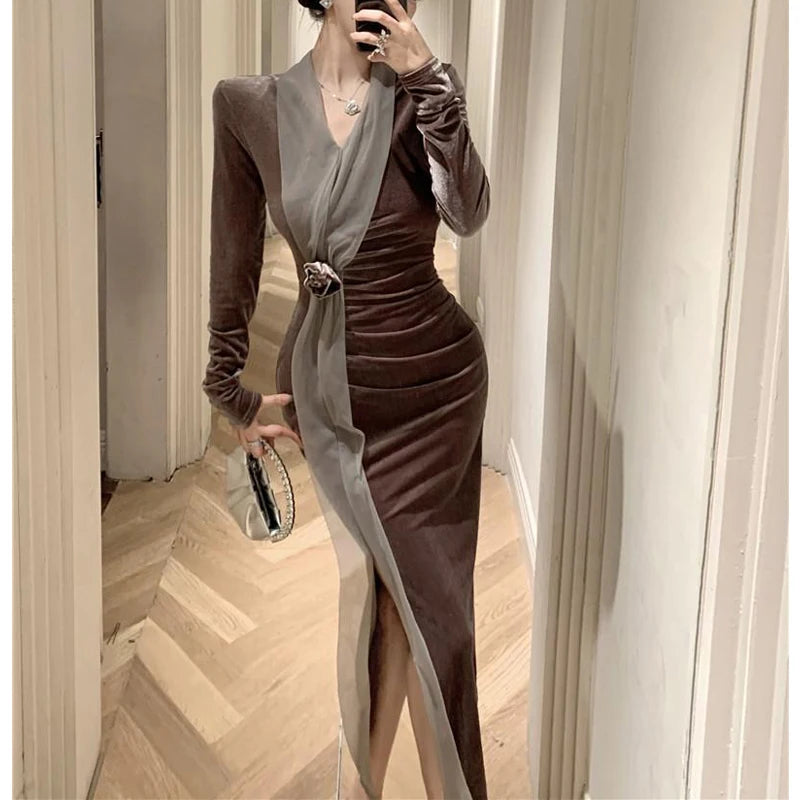 Women Vintage Velvet 3D Flower Ruched Sexy Split Elegant Party Dresses Y2K Winter V Neck Long Sleeve Bodycon Midi Dress Vestidos 2026