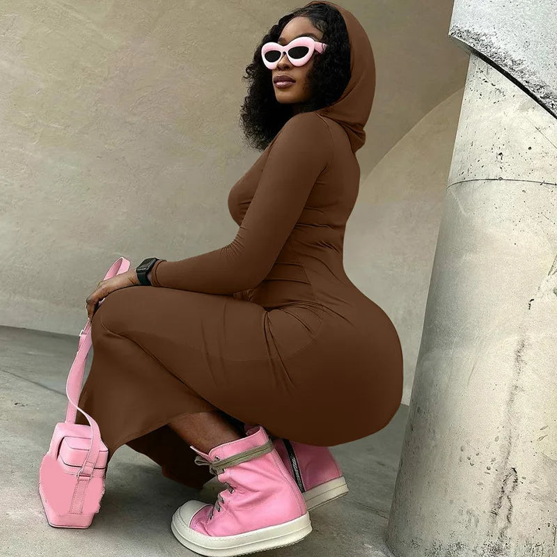 Hooded Long Dress For Women Y2k Clothes Sexy Streetwear Long Sleeve Bodycon Vestidos De Mujer Solid Robe Femme Été Back Split Diva 2026