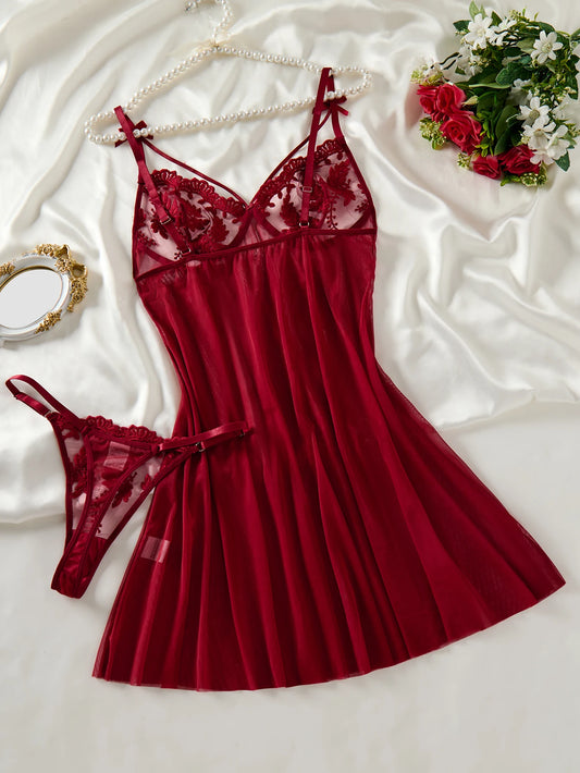 Wine Red Ladies' countryside style wheat ear embroidery semi transparent nightgown, elegant and comfortable.2026