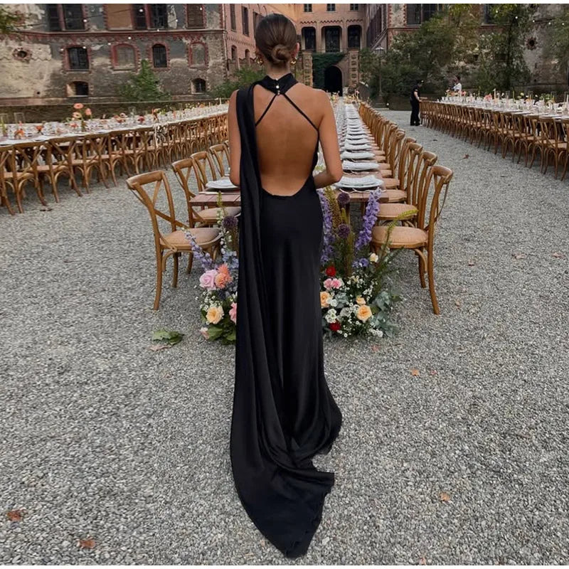 Elegant Ribbon Halter Dress Women Solid Off Shoulder Sleeveless Backless Slim Maxi Dresses 2025 Summer Autumn Party Robes Lady 2026 Vestido Elegante Para Ocasión Especial