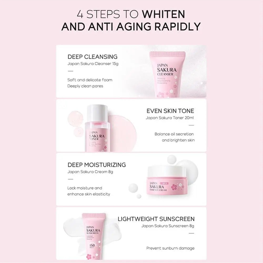 4pcs/Bag Sakura Skin Care Sets Facial Cleanser Face Face Toner Sunscreen Moisturizing Smoothing Nourishing Skincare Product.2026 KIT DE LIMPIEZA FACIAL Y PROTECTOR SOLAR