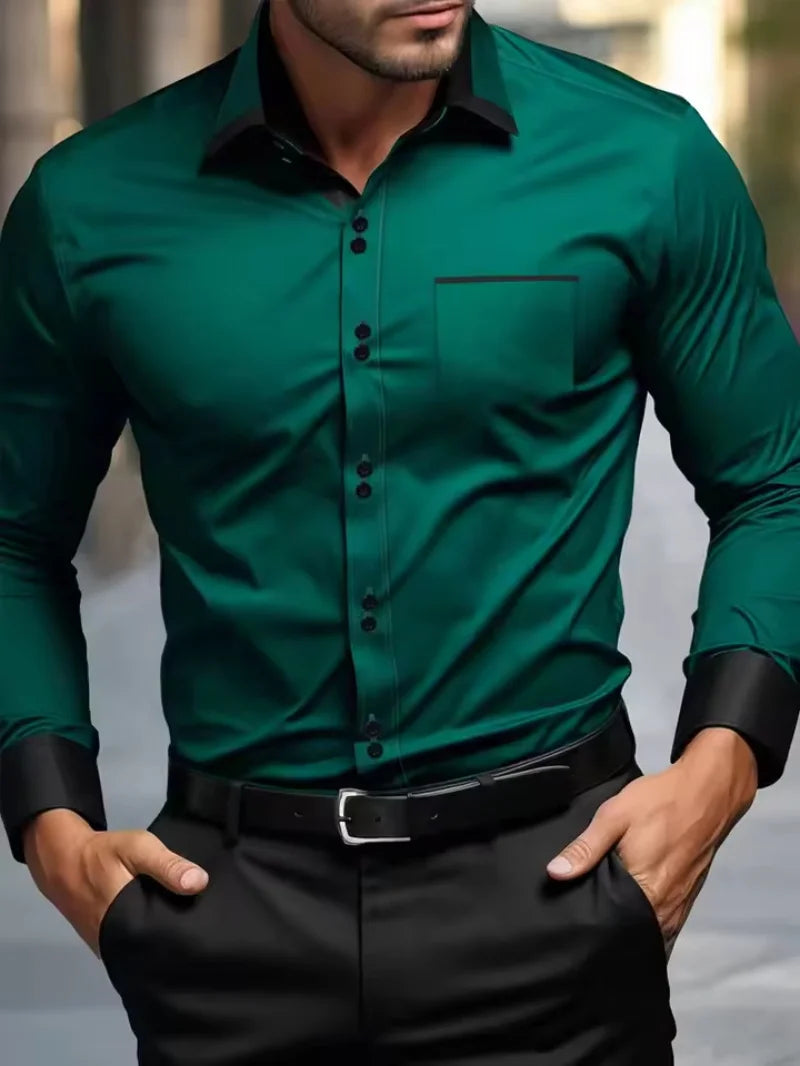 Fashionable men's shirts, men's business casual long sleeved shirts, English style double button shirts, thin collared vacation. Camisa Extra Elastizada. 2026. Elegantes y Casual