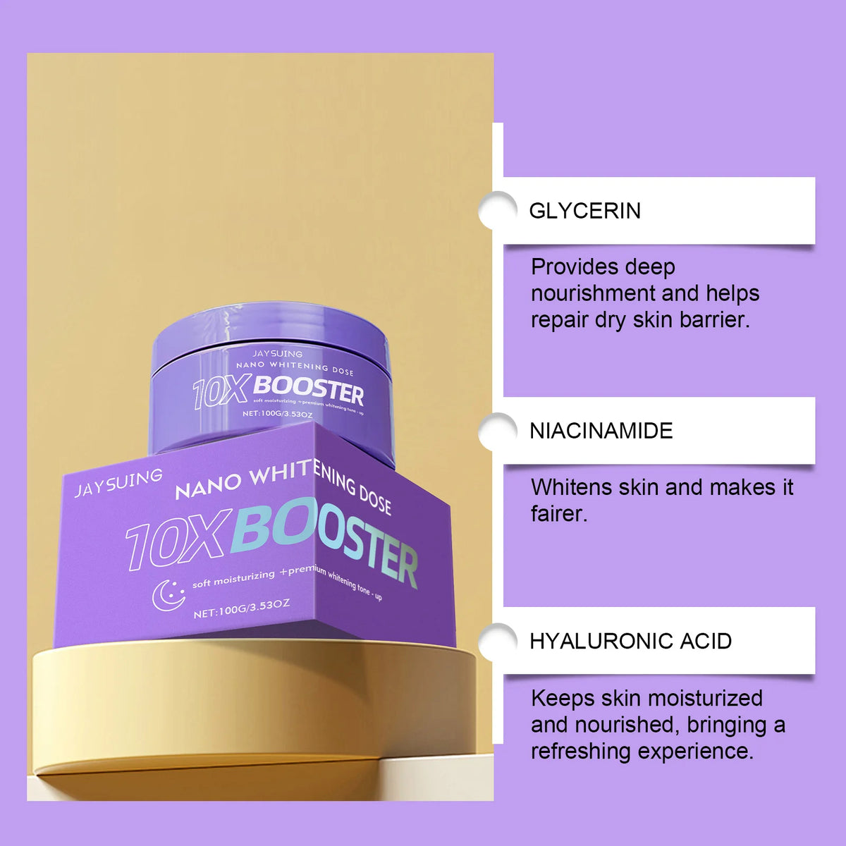 Crema facial suave con niacinamida — Aclarante, iluminadora, hidratación profunda, repara la piel seca, suavizante, con ácido hialurónico, cuidado facial, humectante.