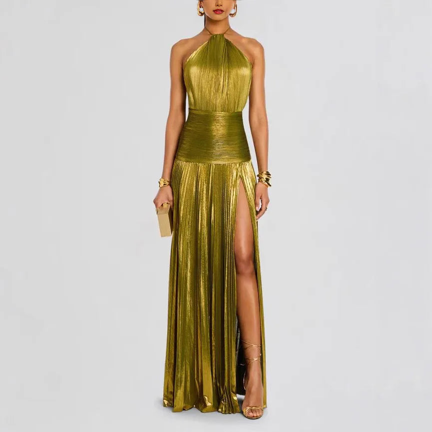 Luxurious Women Corset Party Cocktail Dress Sexy Off Shoulder Halter Folds Slit Guest Celebrity Long Dress Celebrity Prom Gown 2026 GOLD FASHION. VESTIDO PARA OCASION ELEGANTE