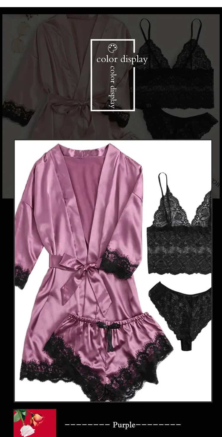 4 Pieces Woman Sleepwear Pajamas Ser With Robe Sexy Lace Lingerie Bathrobe Silk Satin Home Clothed Nightwear Robe. 2026