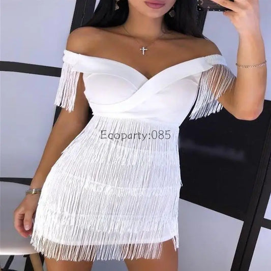 Women Evening Dresses Sexy Big V Neck One-shoulder Fringed Skirt Ladies Temperament Slim Dress Short Sleeve Club Dress Vestidos 2026 Casual Drew