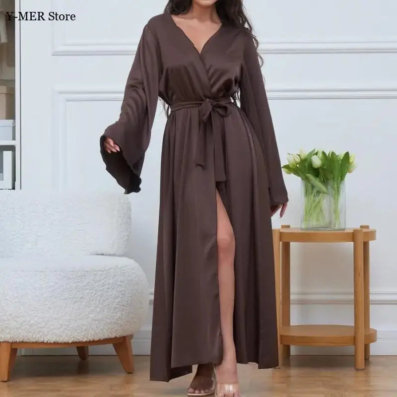 Women's Dress New Spring Summer Satin Loose Robe Sexy High Waisted Split Party Dresses Casual Multi-Color Lace Up Dress Vestidos 2026 High Elegance