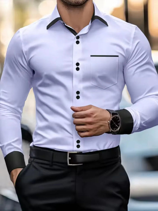 Fashionable men's shirts, men's business casual long sleeved shirts, English style double button shirts, thin collared vacation. Camisa Extra Elastizada. 2026. Elegantes y Casual