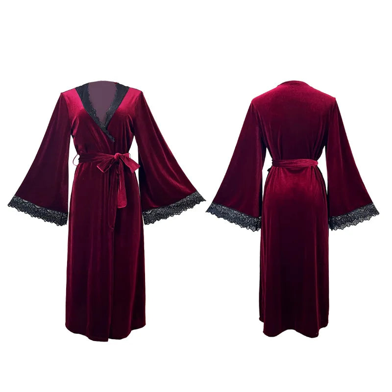 Sexy Lace Up Velour Long Robe Nightwear Women's Sleepwear Burgundy Kimono Bathrobe Gown Intimate Lingerie Autumn New Homewear 2026
