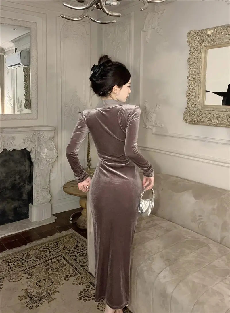 Women Vintage Velvet 3D Flower Ruched Sexy Split Elegant Party Dresses Y2K Winter V Neck Long Sleeve Bodycon Midi Dress Vestidos 2026
