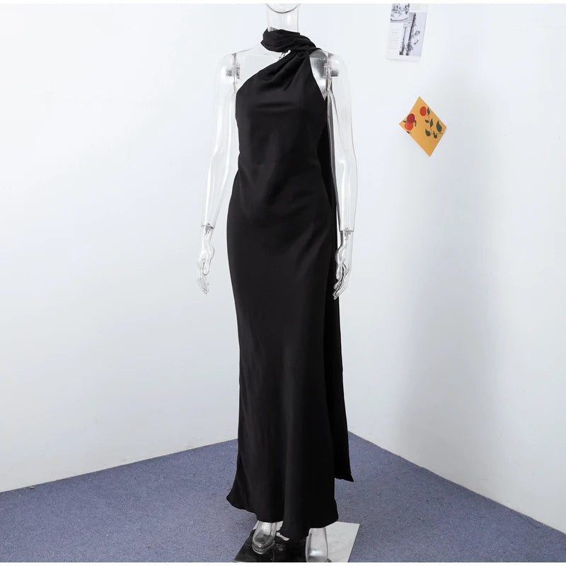 Elegant Ribbon Halter Dress Women Solid Off Shoulder Sleeveless Backless Slim Maxi Dresses 2025 Summer Autumn Party Robes Lady 2026 Vestido Elegante Para Ocasión Especial