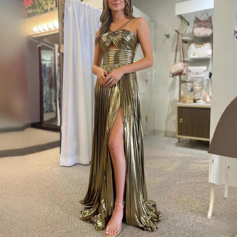 Luxurious Women Corset Party Cocktail Dress Sexy Off Shoulder Halter Folds Slit Guest Celebrity Long Dress Celebrity Prom Gown 2026 GOLD FASHION. VESTIDO PARA OCASION ELEGANTE