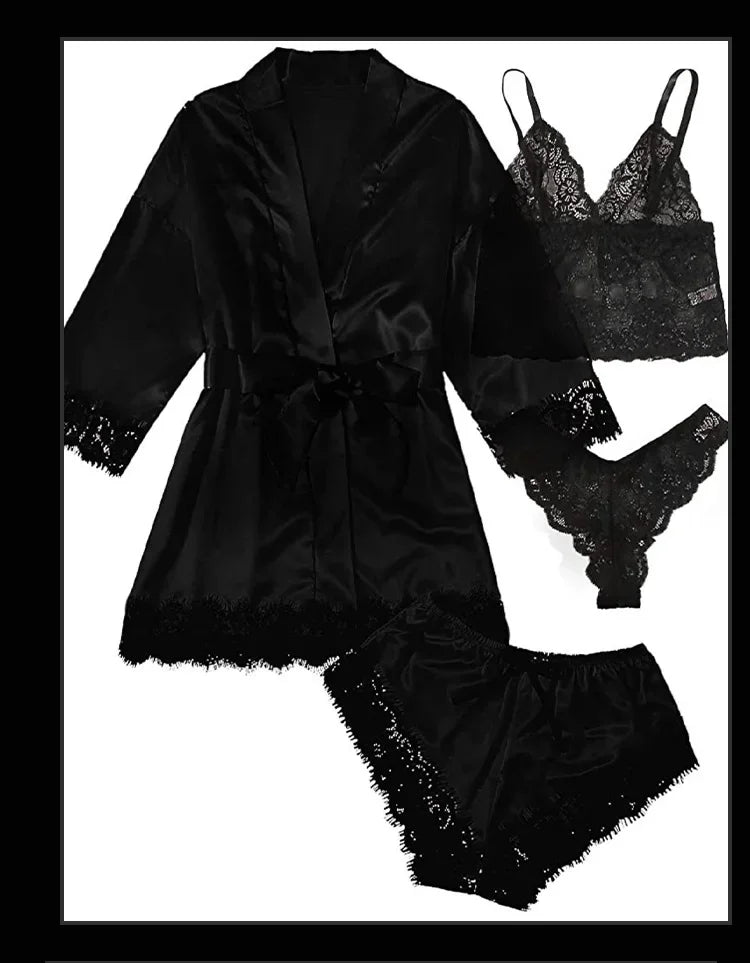 4 Pieces Woman Sleepwear Pajamas Ser With Robe Sexy Lace Lingerie Bathrobe Silk Satin Home Clothed Nightwear Robe. 2026