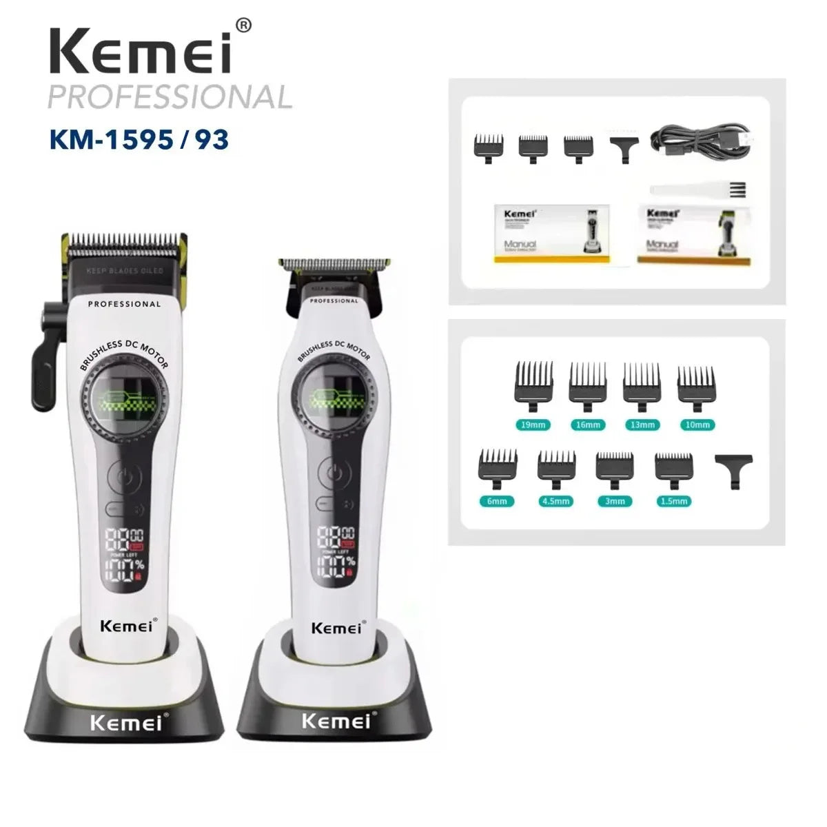 Kemei 1593 1595 Hair Trimmers Professional Barber Hair Clippers F1 -Super Engine External Brushless Motor Hair Cutting Machine 2026