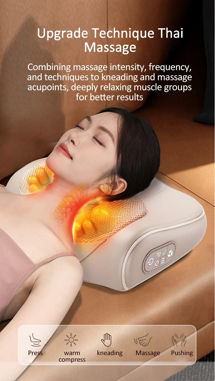 Almohada Masajeadora para Cuello, Cintura, Espalda y Hombros — Masaje con Dedo, Multifunción con Compresión Caliente para Relajar la Cintura