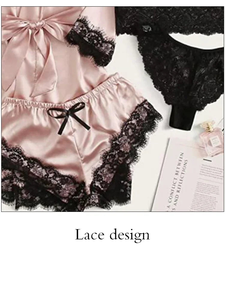4 Pieces Woman Sleepwear Pajamas Ser With Robe Sexy Lace Lingerie Bathrobe Silk Satin Home Clothed Nightwear Robe. 2026