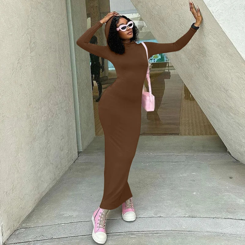 Hooded Long Dress For Women Y2k Clothes Sexy Streetwear Long Sleeve Bodycon Vestidos De Mujer Solid Robe Femme Été Back Split Diva 2026