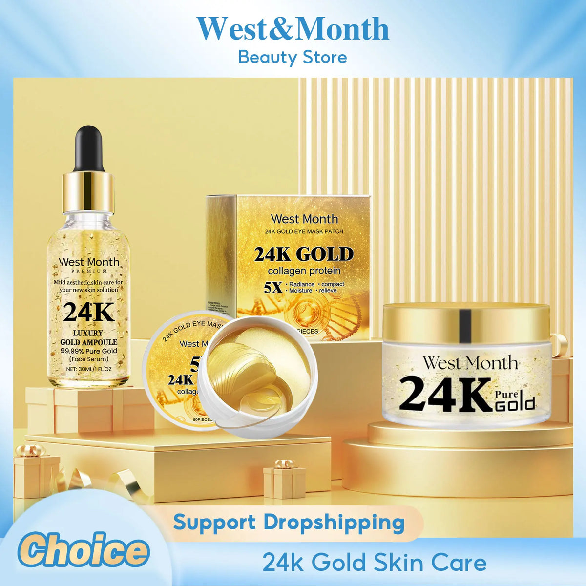 Set de Cuidado Facial de 24k Oro — Antiarugas, Desvanece Ojeras, Reafirmante, Hidratante, Reparador, Máscara para Ojos y Esencia, Cosméticos Coreanos.