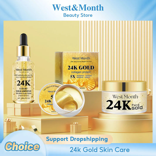 Set de Cuidado Facial de 24k Oro — Antiarugas, Desvanece Ojeras, Reafirmante, Hidratante, Reparador, Máscara para Ojos y Esencia, Cosméticos Coreanos.