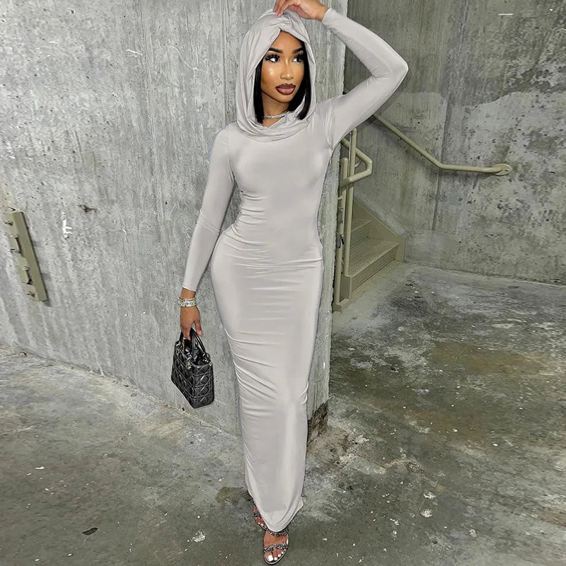 Hooded Long Dress For Women Y2k Clothes Sexy Streetwear Long Sleeve Bodycon Vestidos De Mujer Solid Robe Femme Été Back Split Diva 2026