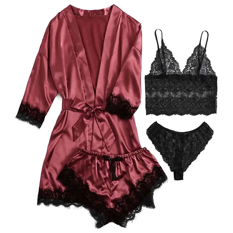 4 Pieces Woman Sleepwear Pajamas Ser With Robe Sexy Lace Lingerie Bathrobe Silk Satin Home Clothed Nightwear Robe. 2026