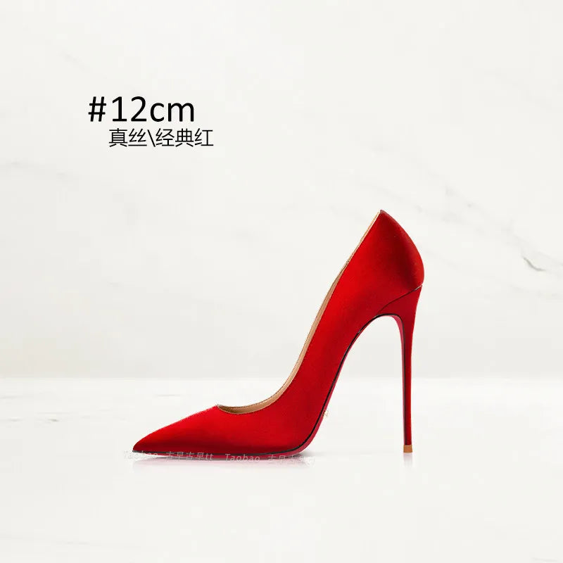 2025 Winter New High-heeled Shoes for Women, Green, Real Silk Satin, Thin Heel, Pointed Toe,Elegant,12cm,Single Shoes for Ladies 2026