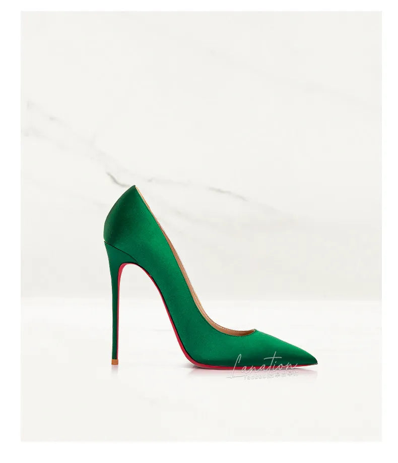 2025 Winter New High-heeled Shoes for Women, Green, Real Silk Satin, Thin Heel, Pointed Toe,Elegant,12cm,Single Shoes for Ladies 2026