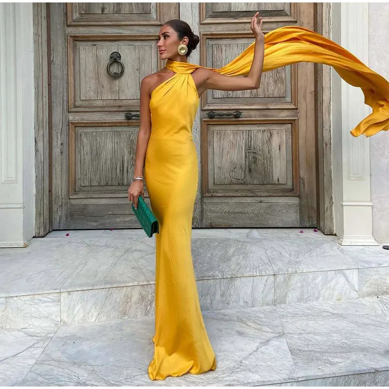 Elegant Ribbon Halter Dress Women Solid Off Shoulder Sleeveless Backless Slim Maxi Dresses 2025 Summer Autumn Party Robes Lady 2026 Vestido Elegante Para Ocasión Especial