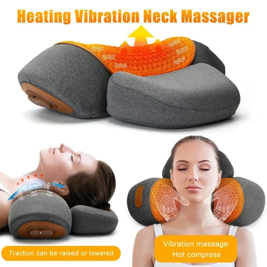Cojín Masajeador de Cuello Eléctrico — Estirador Cervical con Calor, Vibración y Masaje, Tracción para la Espalda, Almohada Ortopédica para Dormir con Soporte