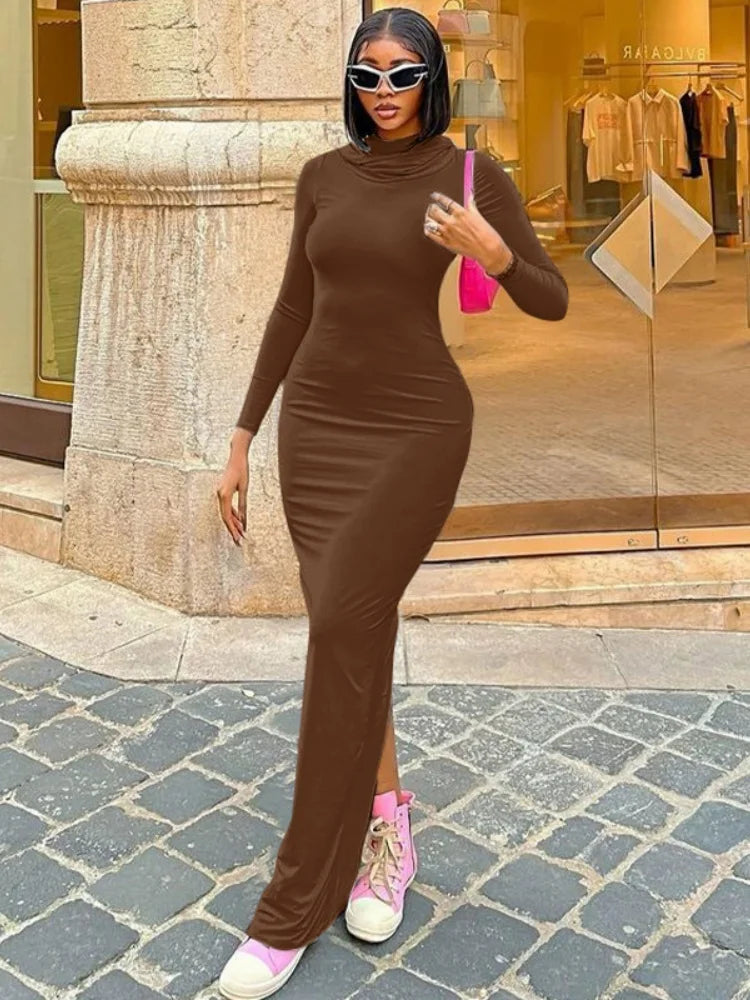 Hooded Long Dress For Women Y2k Clothes Sexy Streetwear Long Sleeve Bodycon Vestidos De Mujer Solid Robe Femme Été Back Split Diva 2026
