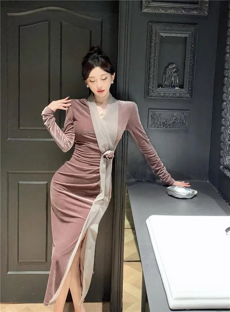 Women Vintage Velvet 3D Flower Ruched Sexy Split Elegant Party Dresses Y2K Winter V Neck Long Sleeve Bodycon Midi Dress Vestidos 2026