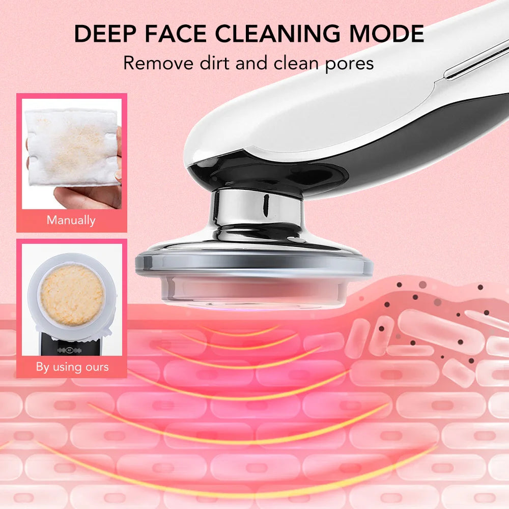 Masajeador Facial EMS 7 en 1 — Lifting Facial, Aclara la Piel, Limpieza Profunda, Infusión de Esencias, Máquina de Belleza para el Cuidado de la Piel.