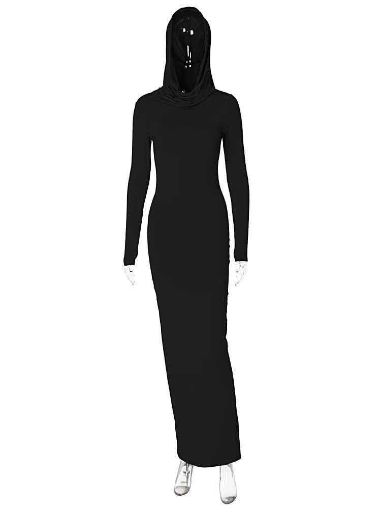 Hooded Long Dress For Women Y2k Clothes Sexy Streetwear Long Sleeve Bodycon Vestidos De Mujer Solid Robe Femme Été Back Split Diva 2026