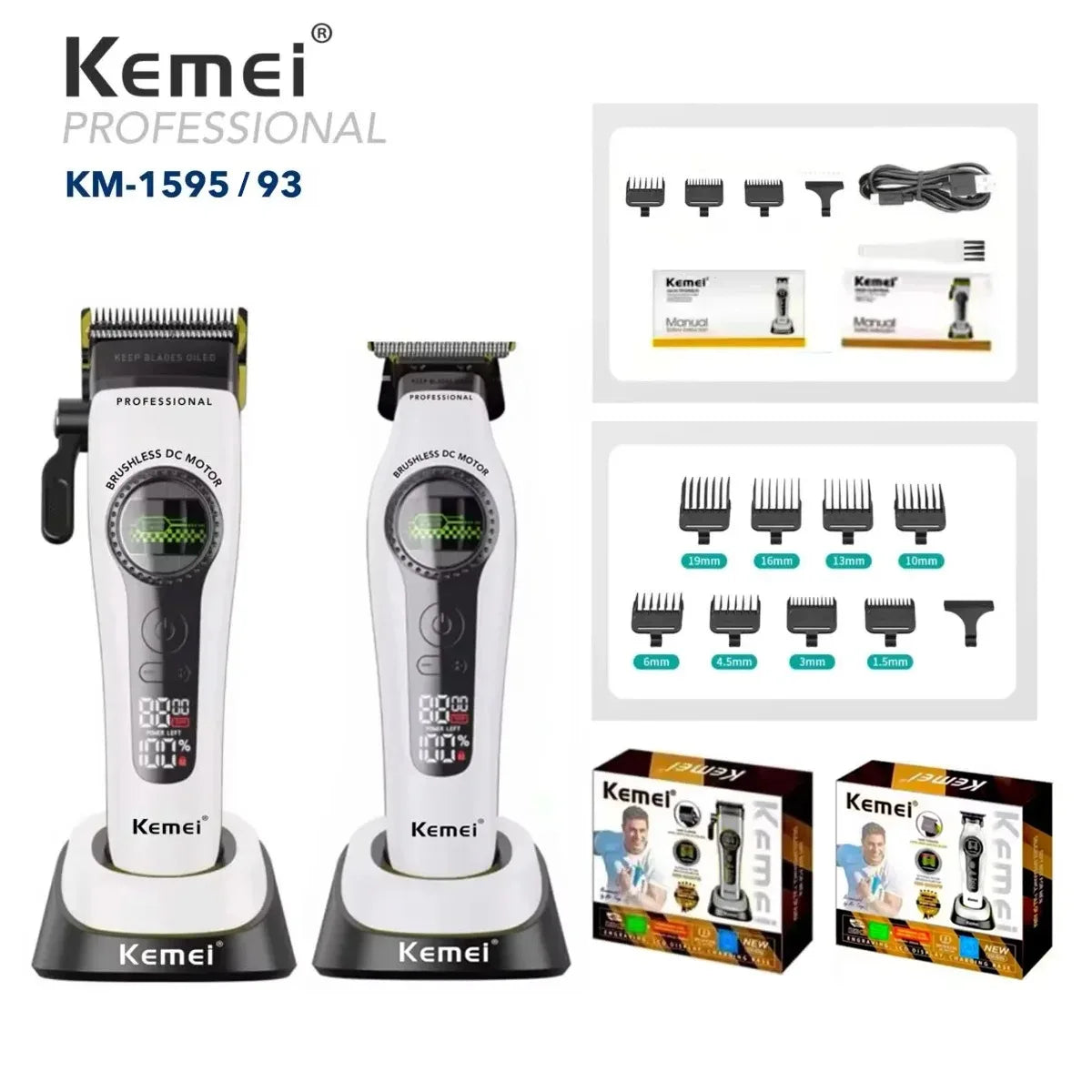 Kemei 1593 1595 Hair Trimmers Professional Barber Hair Clippers F1 -Super Engine External Brushless Motor Hair Cutting Machine 2026