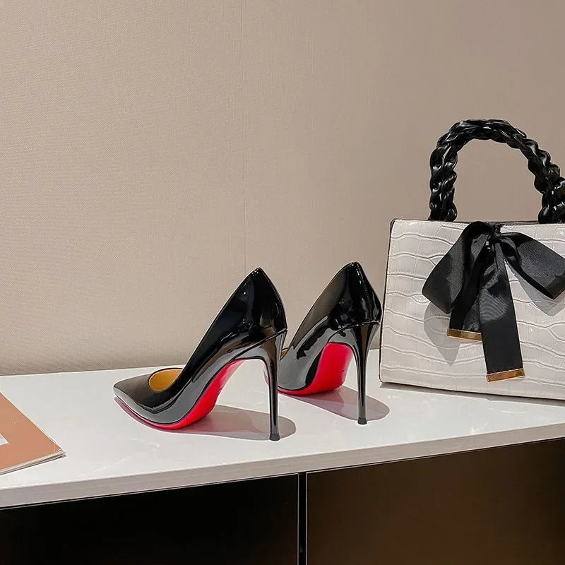 7cm Black Red Sole High Heels Spring Pointed Toe Stiletto Heel Sexy Shiny Single Shoes Fashion Patent Leather Women's Shoes 2026