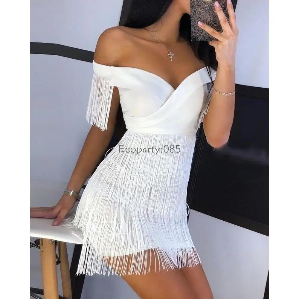 Women Evening Dresses Sexy Big V Neck One-shoulder Fringed Skirt Ladies Temperament Slim Dress Short Sleeve Club Dress Vestidos 2026 Casual Drew