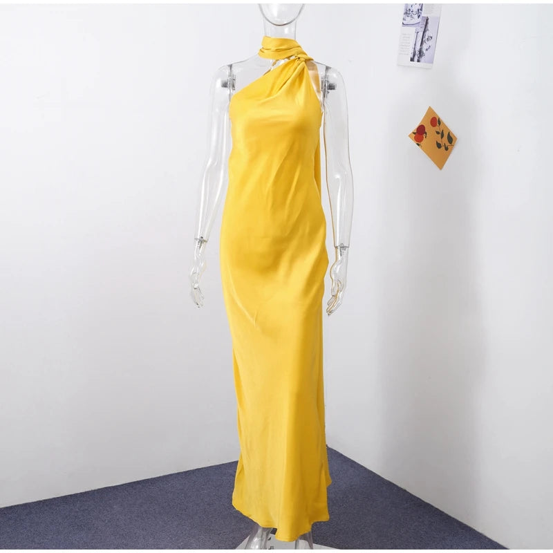 Elegant Ribbon Halter Dress Women Solid Off Shoulder Sleeveless Backless Slim Maxi Dresses 2025 Summer Autumn Party Robes Lady 2026 Vestido Elegante Para Ocasión Especial