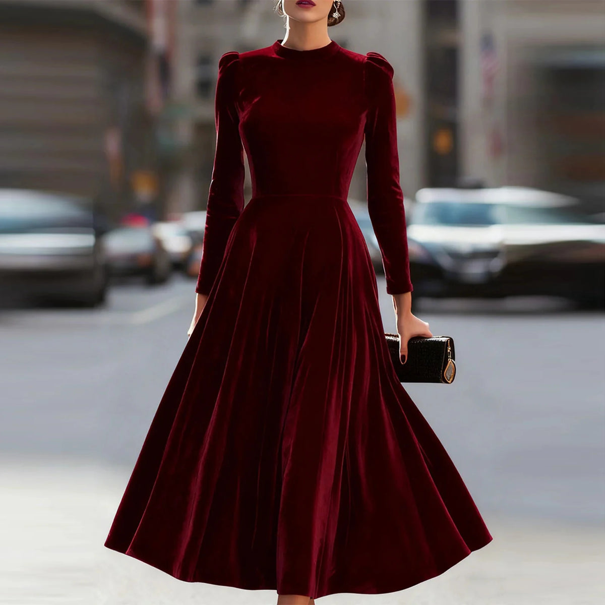 Modern European Elegance Women's Comfortable Velvet Dress Spring Autumn Solid Color Round Neck Long Long Dresses Elegant Women's Dress, vestido