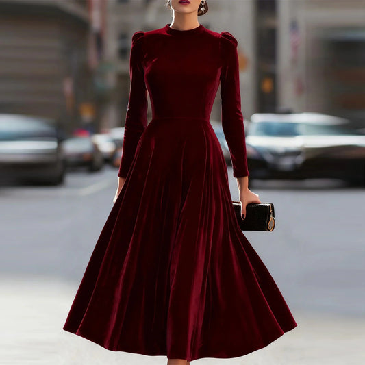 Modern European Elegance Women's Comfortable Velvet Dress Spring Autumn Solid Color Round Neck Long Long Dresses Elegant Women's Dress, vestido