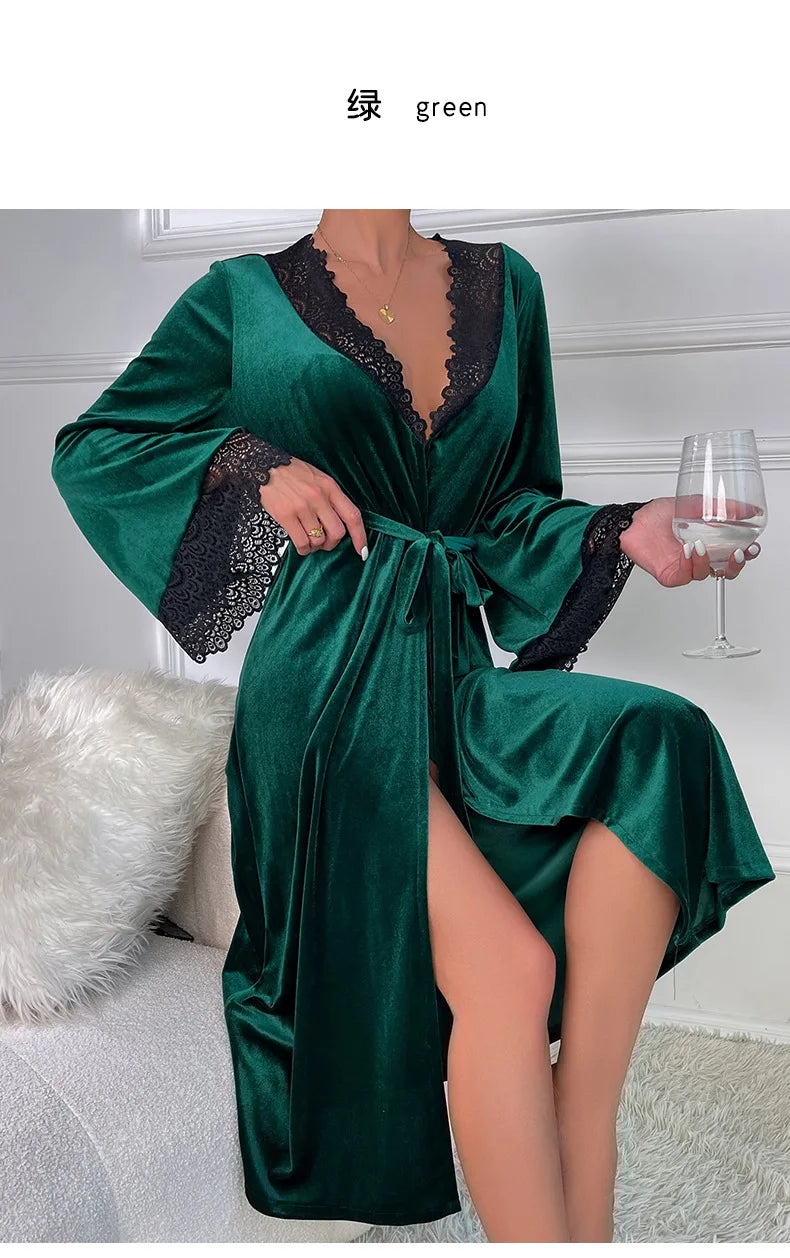 Sexy Lace Up Velour Long Robe Nightwear Women's Sleepwear Burgundy Kimono Bathrobe Gown Intimate Lingerie Autumn New Homewear 2026