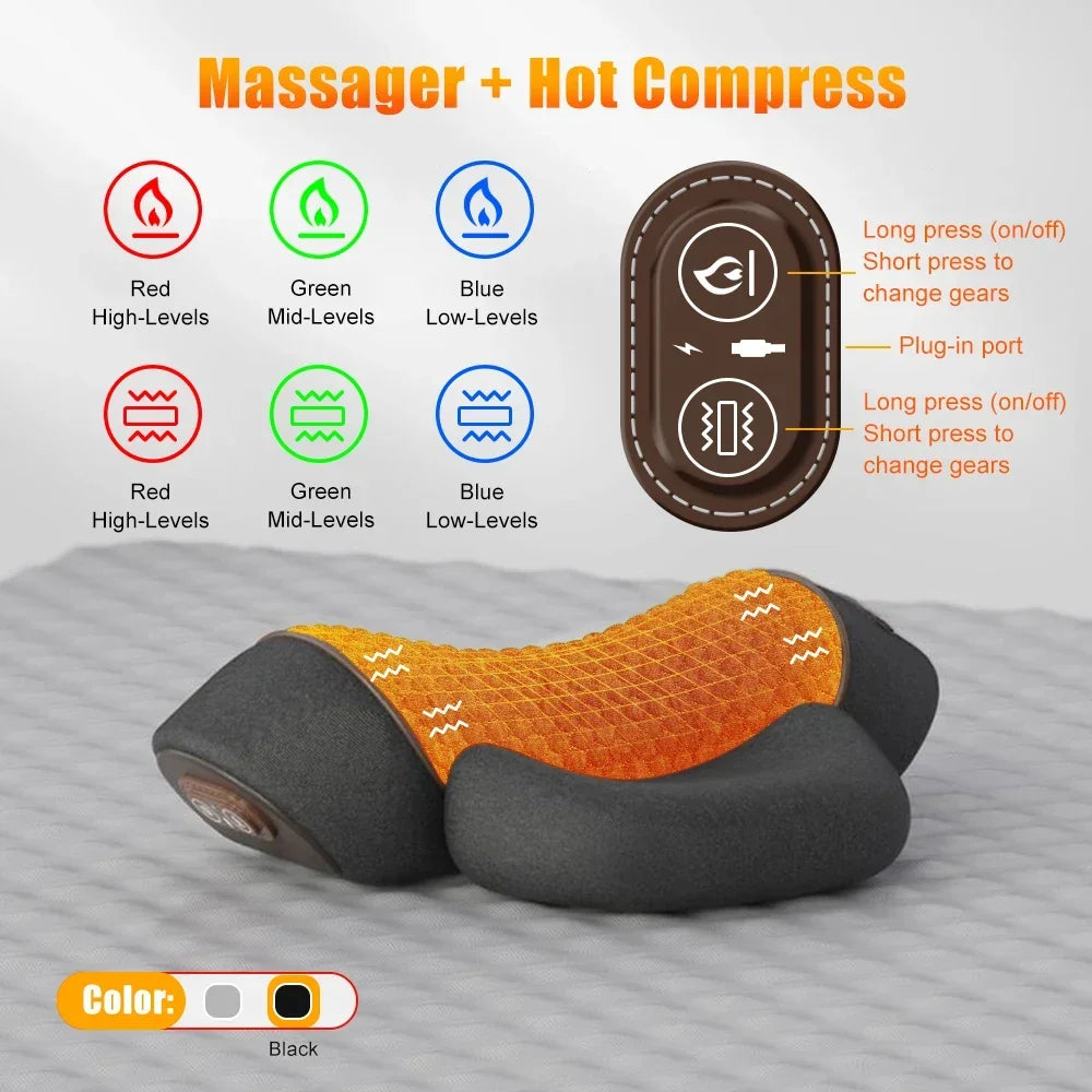 Cojín Masajeador de Cuello Eléctrico — Estirador Cervical con Calor, Vibración y Masaje, Tracción para la Espalda, Almohada Ortopédica para Dormir con Soporte
