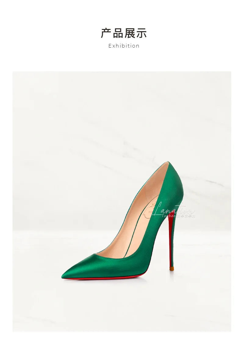 2025 Winter New High-heeled Shoes for Women, Green, Real Silk Satin, Thin Heel, Pointed Toe,Elegant,12cm,Single Shoes for Ladies 2026