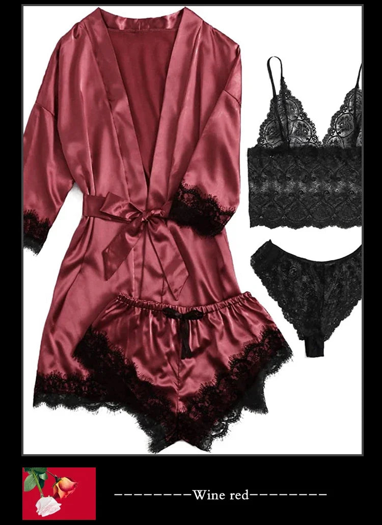 4 Pieces Woman Sleepwear Pajamas Ser With Robe Sexy Lace Lingerie Bathrobe Silk Satin Home Clothed Nightwear Robe. 2026