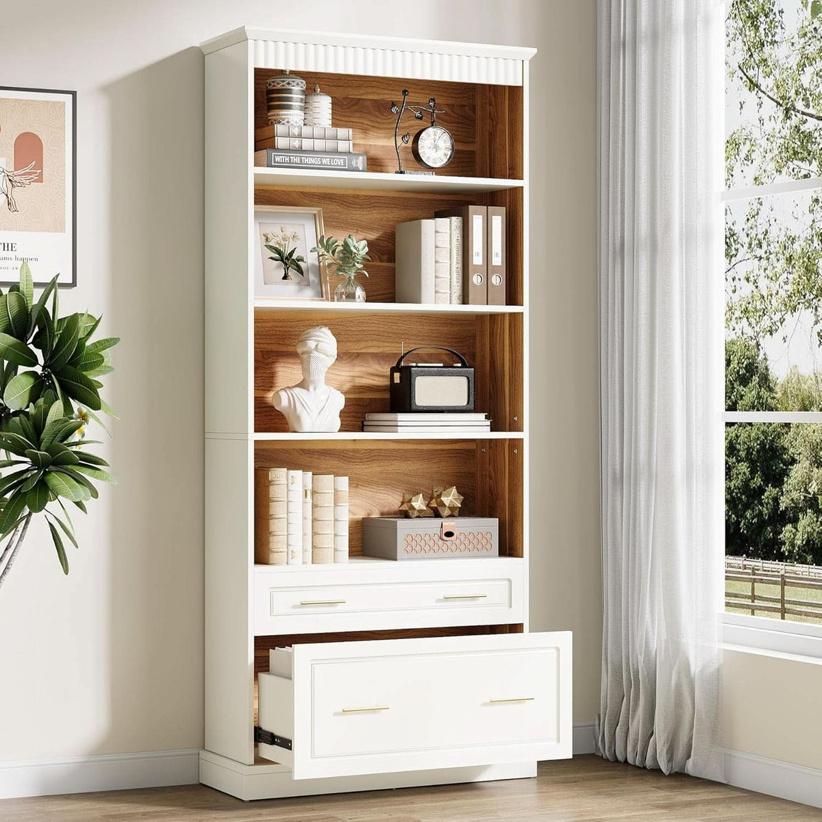White Freestanding 72 Inch Bookcase With File Cabinet