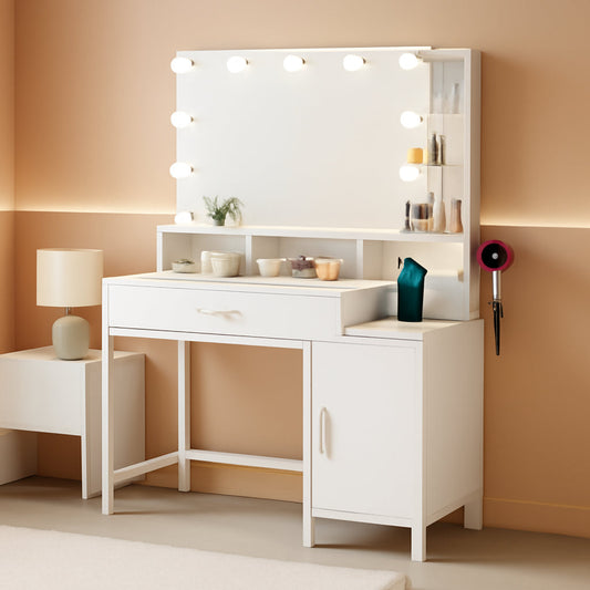 White Vanity Desk With Integrated Power Outlet Cabinet