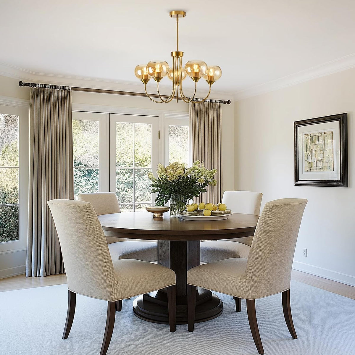 Translucent Amber Glass Five Light Globular Chandelier