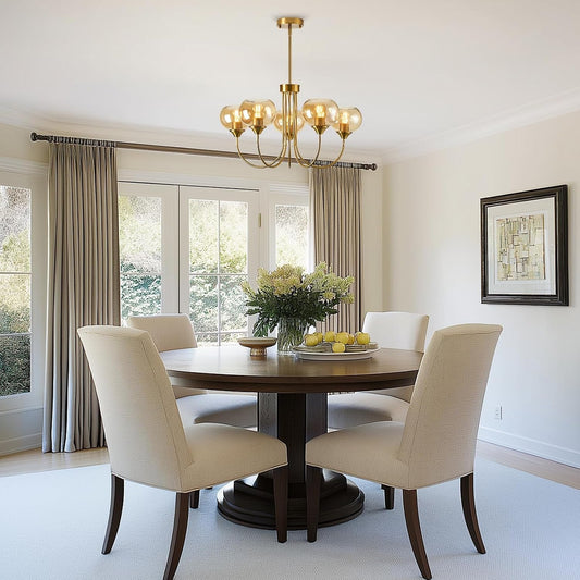 Translucent Amber Glass Five Light Globular Chandelier