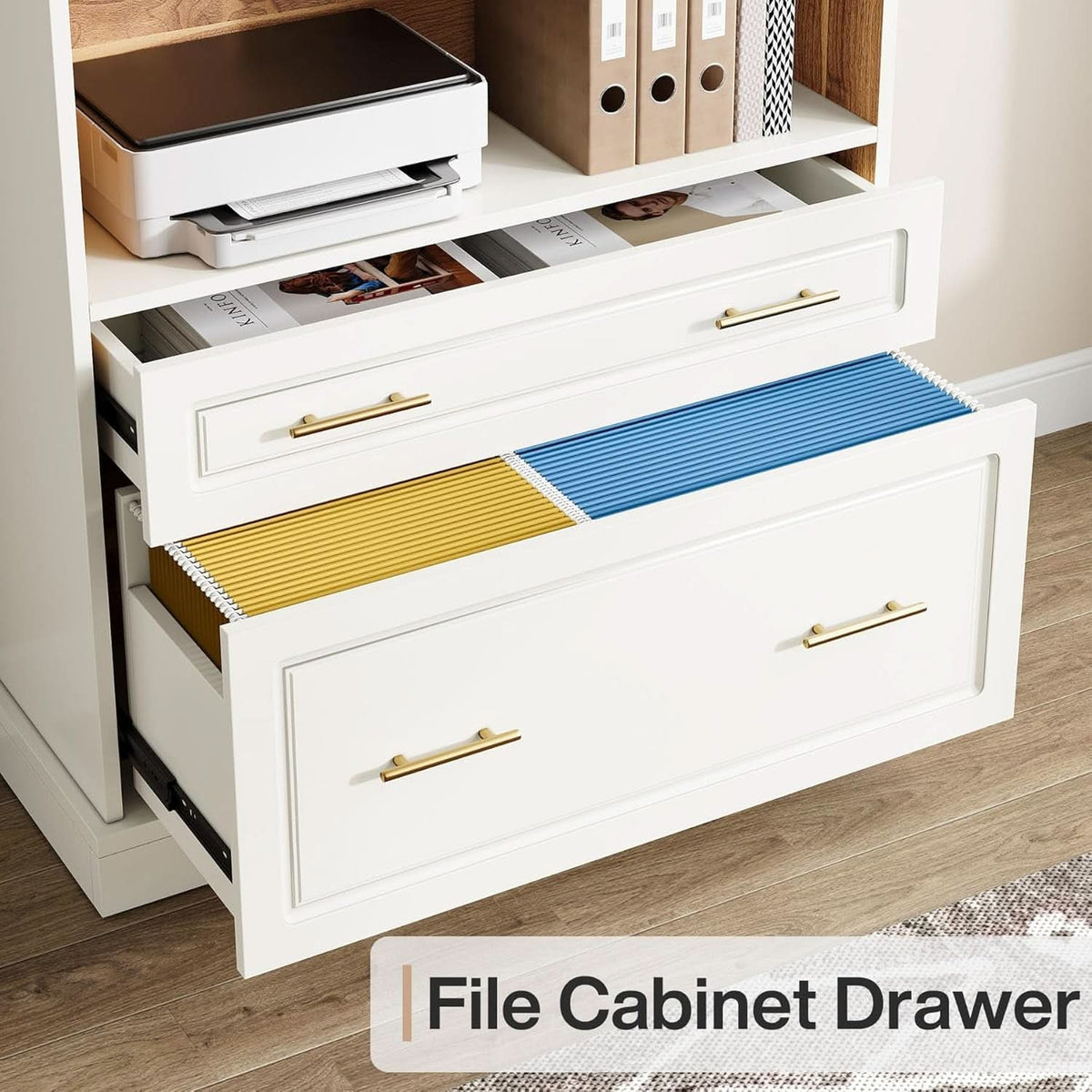 White Freestanding 72 Inch Bookcase With File Cabinet
