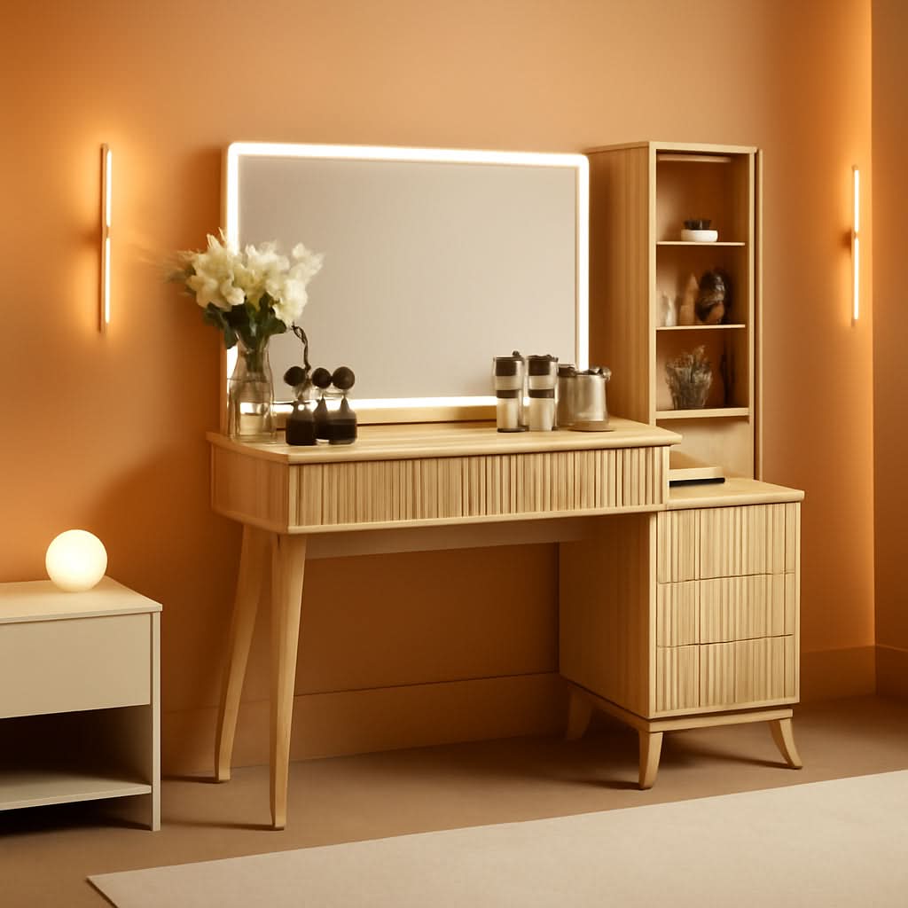 Forty EightI nch Fluted Vanity Desk Natural Oak Mirror